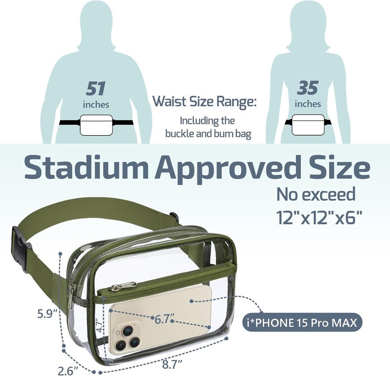 Veckle Clear Fanny Pack - Plus Size Only 35" - 51" Stadium Approved Clear Belt Bag for Women Transparent Waist Bag Crossbody for Sports Events, Concerts, Green - Image 3